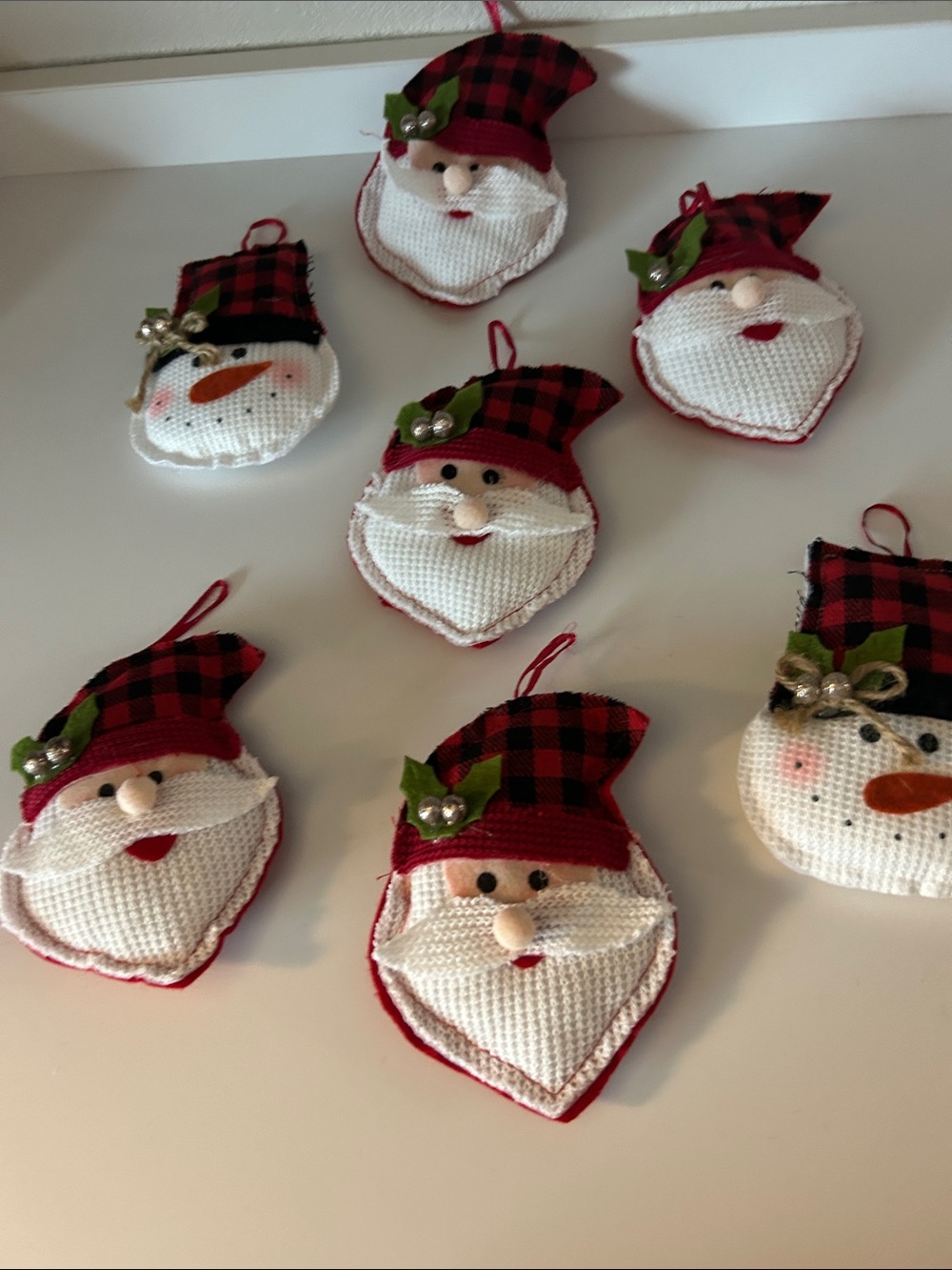 Festive Red Buffalo Plaid Santa & Snowman Holiday Ornaments